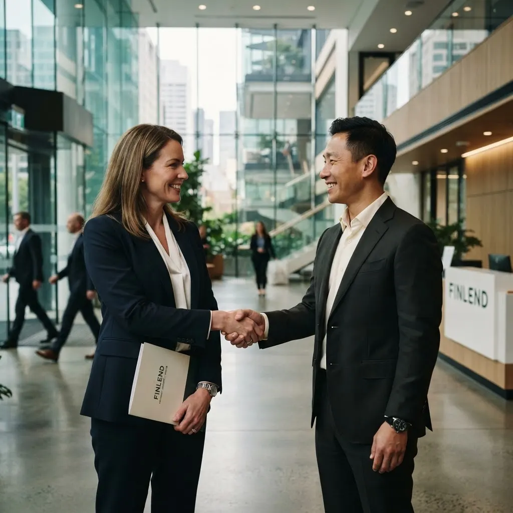 Two business partners shaking hands in a modern office